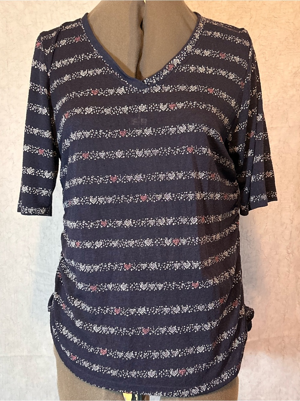 Democracy Navy Striped V-Neck Top with White and Pink Floral Detail